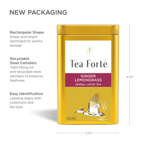 Tea Forte packaging sustainability features recyclable steel canister and unique artwork.
