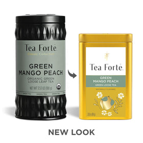 Tea Forte Green Mango Peach canister back view showing label and freshness seal.