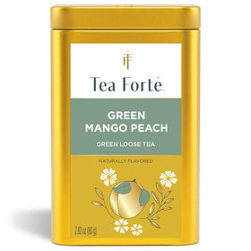 Tea Forte Green Mango Peach canister front view with sustainable steel and artwork.