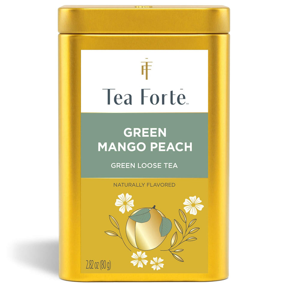 Tea Forte Green Mango Peach canister front view with sustainable steel and artwork.