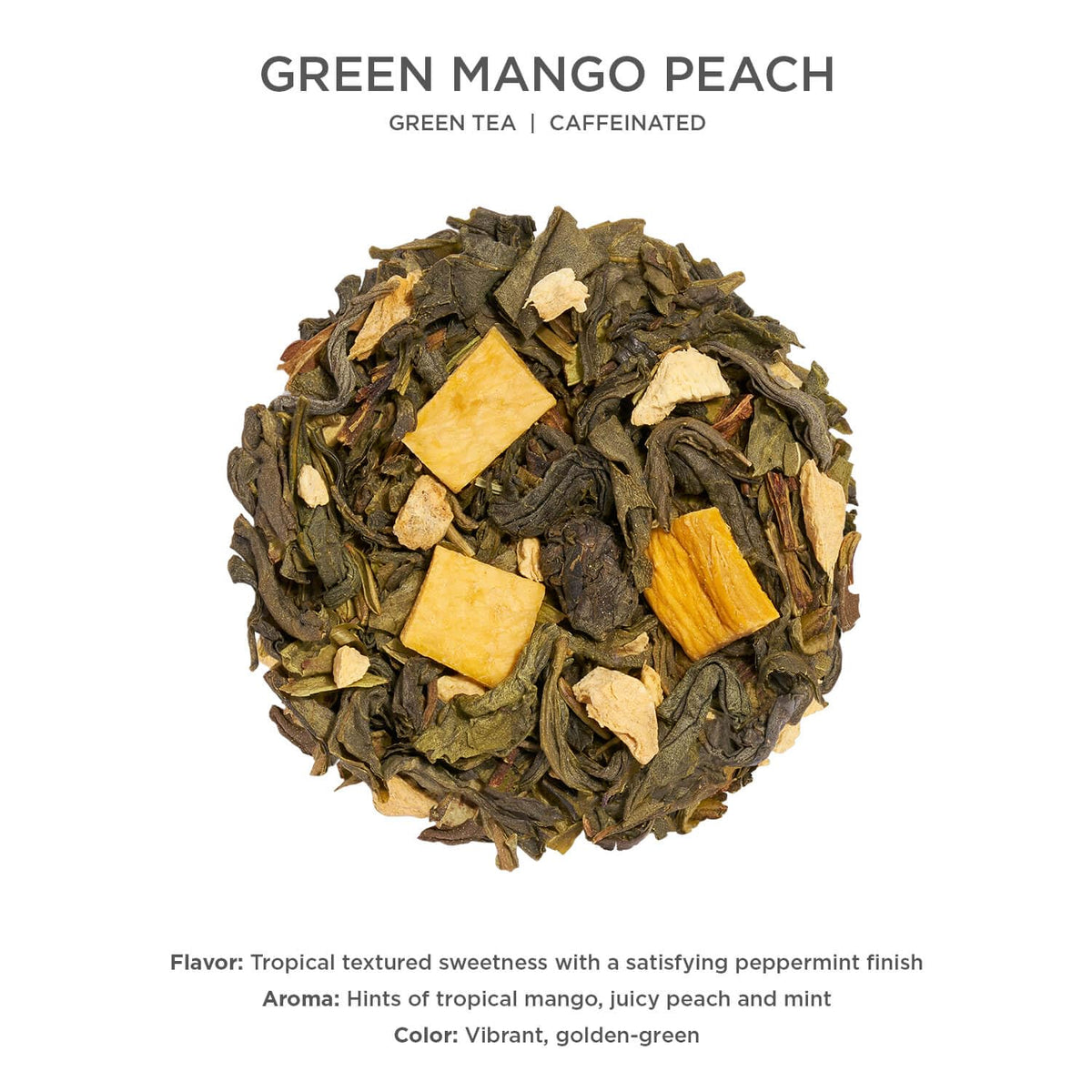 Tea Forte infuser basket filled with loose green mango peach tea ready to steep.