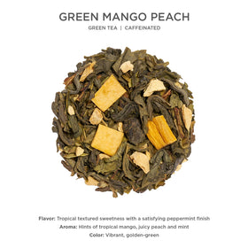 Tea Forte infuser basket filled with loose green mango peach tea ready to steep.