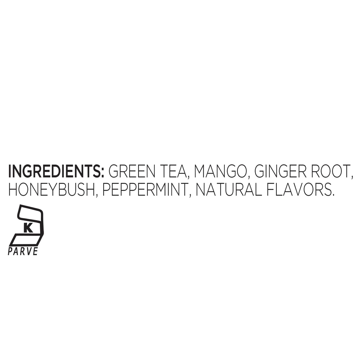 Tea Forte Green Mango Peach ingredients label highlights natural flavors and botanicals.