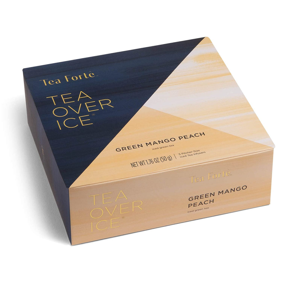 Tea Forte Green Mango Peach tea bag highlighting vibrant fruit notes for a refreshing brew