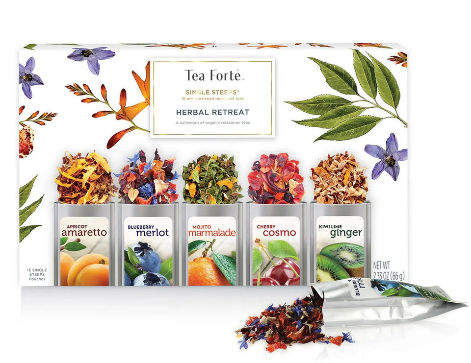 Tea Forte Herbal Retreat sampler box with four single-steep blends for gifting or personal use.