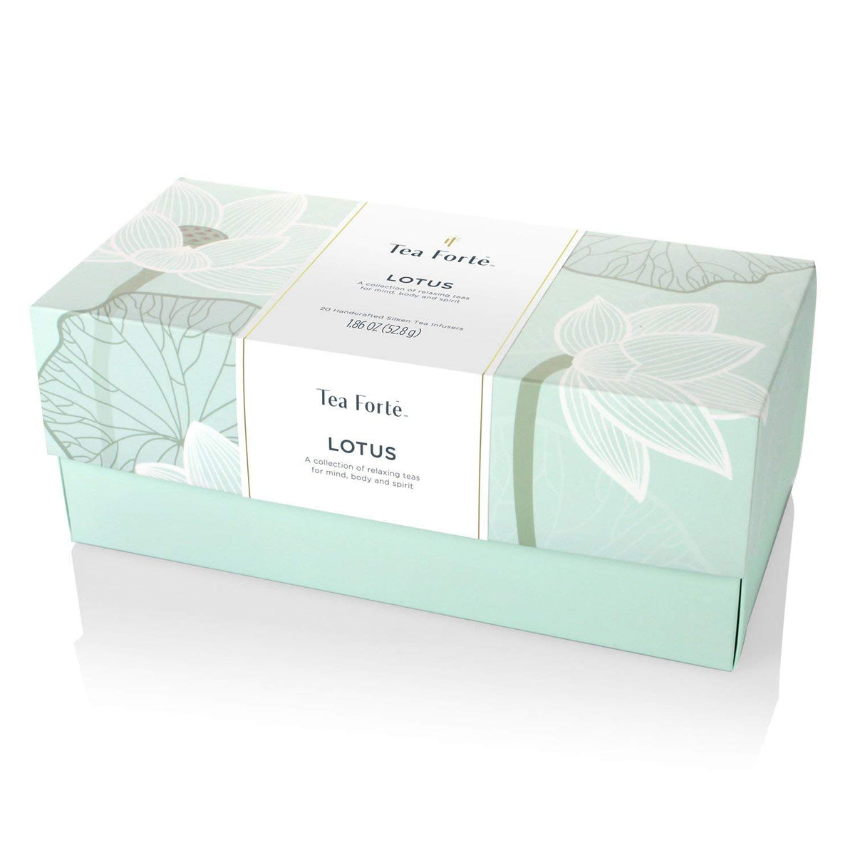 Tea Forte Lotus Collection box opened reveals pyramid bags