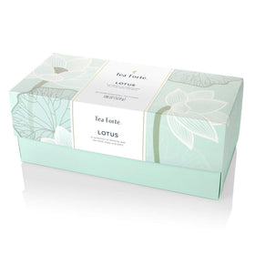 Tea Forte Lotus Collection box opened reveals pyramid bags