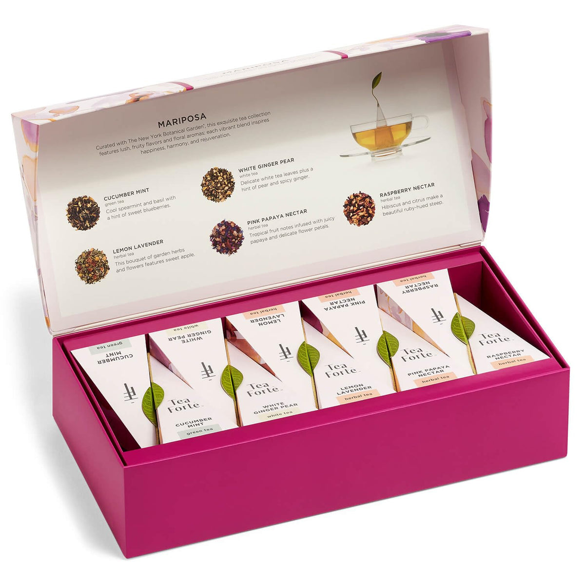 Tea Forte Mariposa white ginger pear pyramid infuser with crisp aroma.