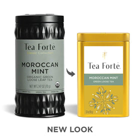 Tea Forte Moroccan Mint canister artwork highlighting story-inspired design for collection appeal.