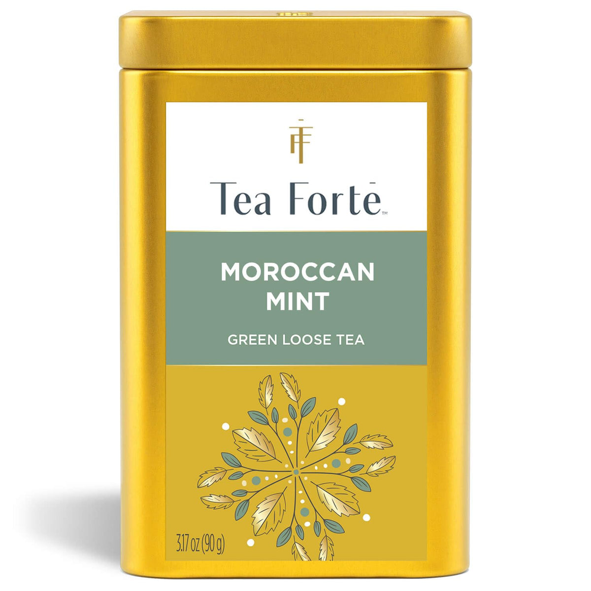 Tea Forte Moroccan Mint canister front view showing premium packaging for everyday tea moments.