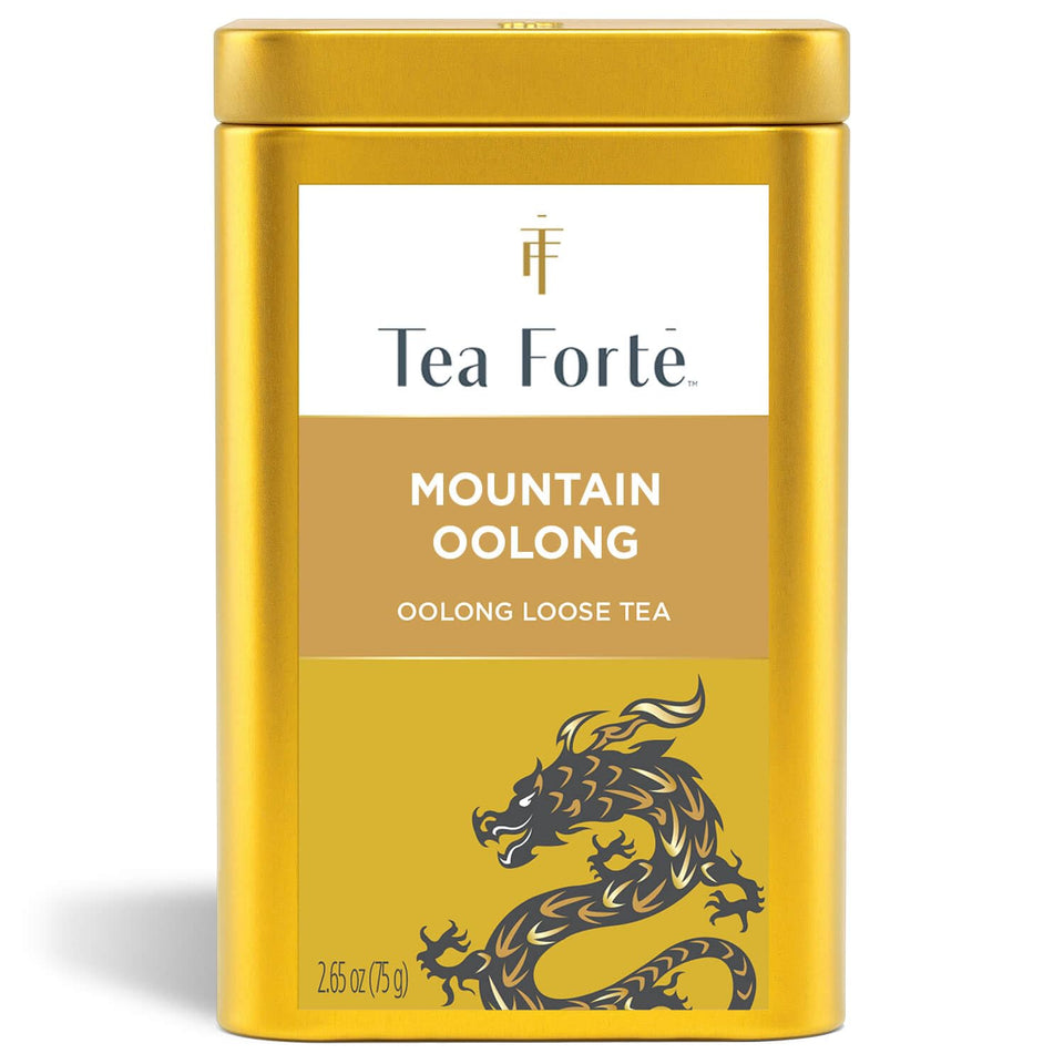 Tea Forte Mountain Oolong canister front label conveys premium packaging for an elevated tea moment