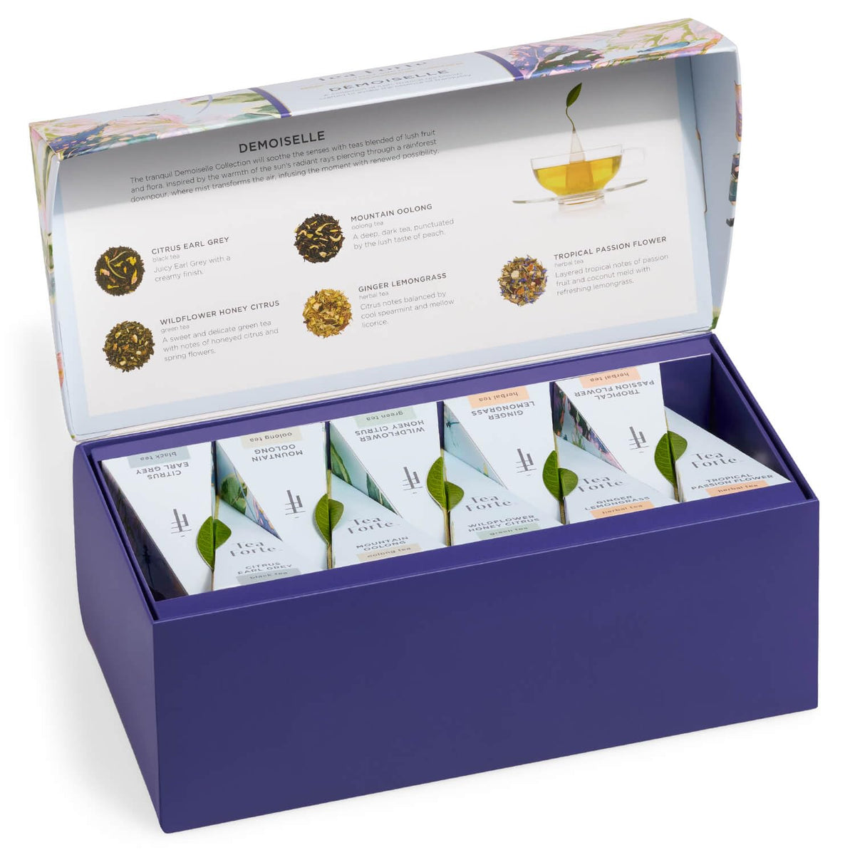 Tea Forte presentation box opened to reveal pyramid tea bags for brewing