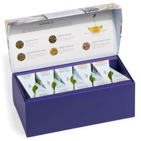 Tea Forte presentation box opened to reveal pyramid tea bags for brewing
