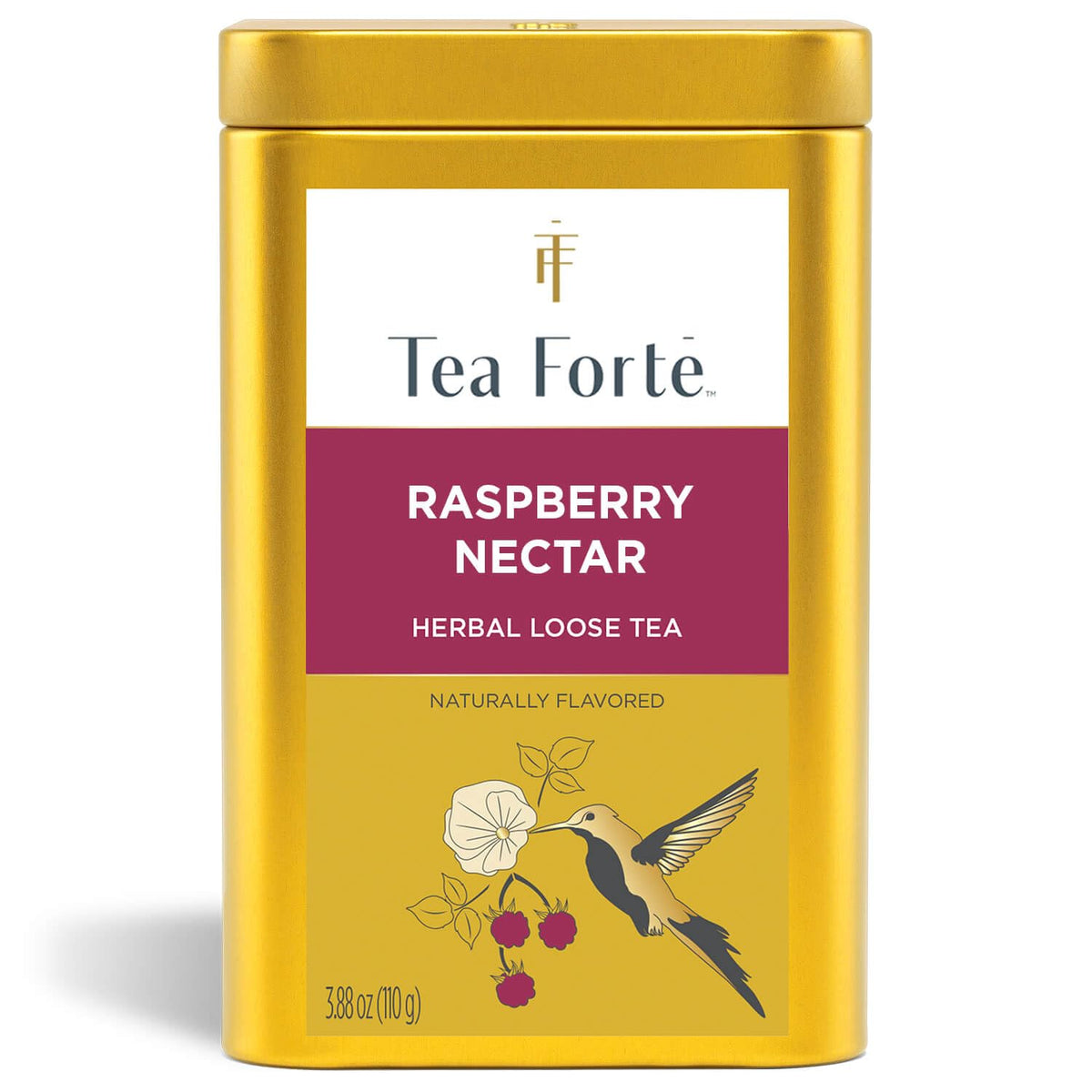 Tea Forte Raspberry Nectar front canister shows premium caffeine-free blend for any moment