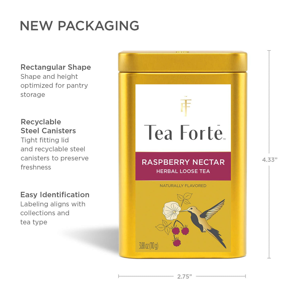 Tea Forte Raspberry Nectar recyclable steel canister supports sustainable storage