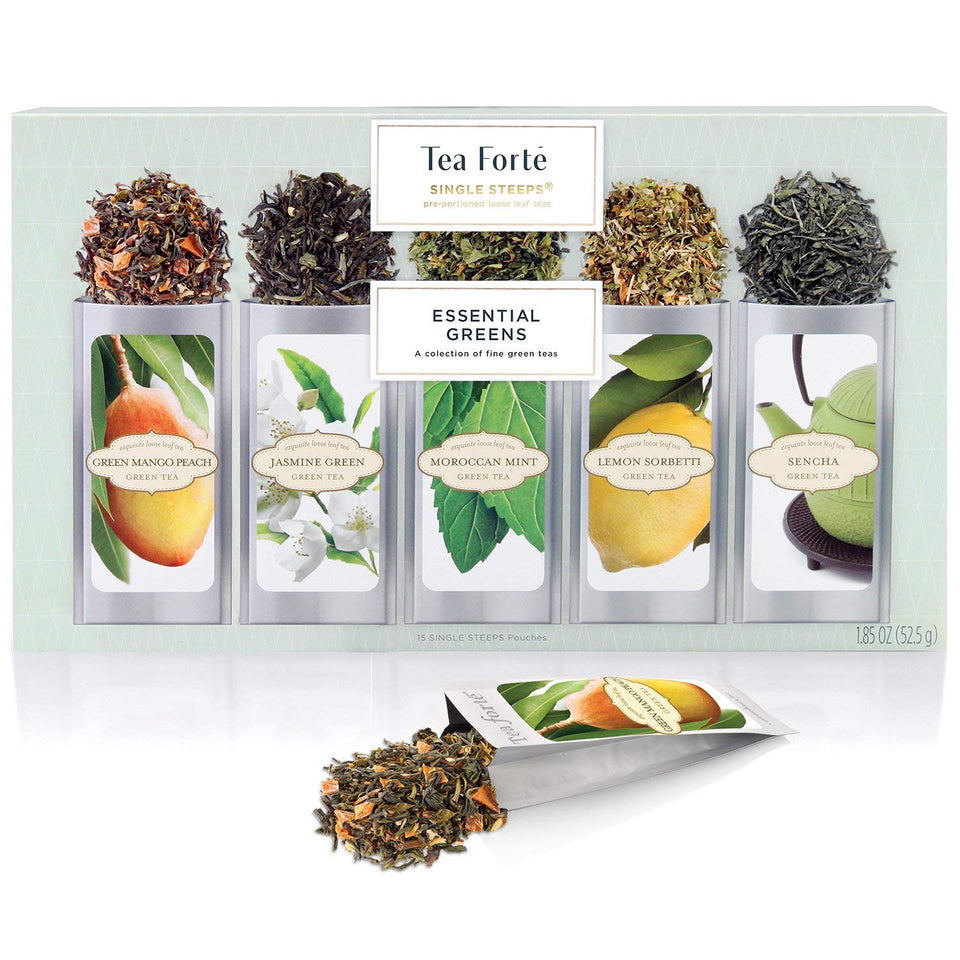 Tea Forte Green Mango Peach Single Steeps pouch for a flavorful 12 oz cup.