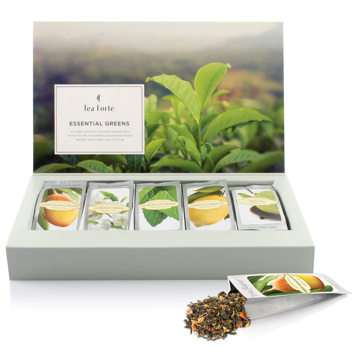 Tea Forte Jasmine Green Single Steeps pouch delivers floral aroma in every cup.