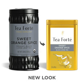Tea Forte Sweet Orange Spice artwork on canister showcases storytelling design.