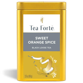 Tea Forte Sweet Orange Spice canister front view highlights premium freshness and design.