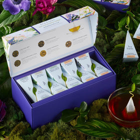 Tea Forte pyramid infuser prepared for steeping in hot water