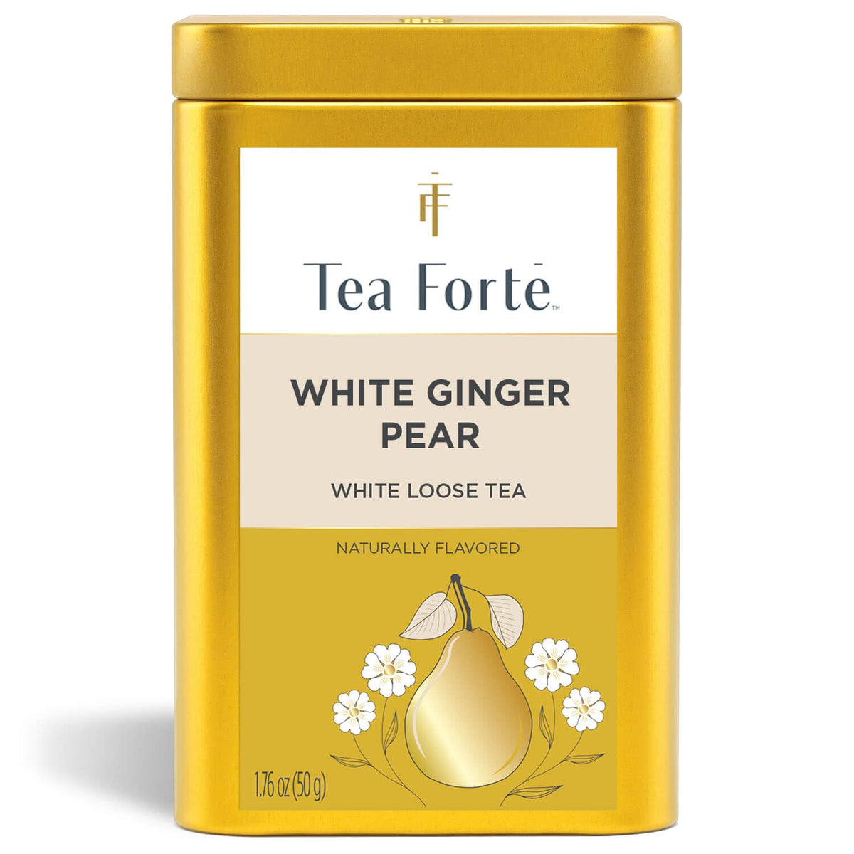 Tea Forte White Ginger Pear canister artwork enhances a premium tea moment