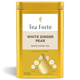 Tea Forte White Ginger Pear canister artwork enhances a premium tea moment