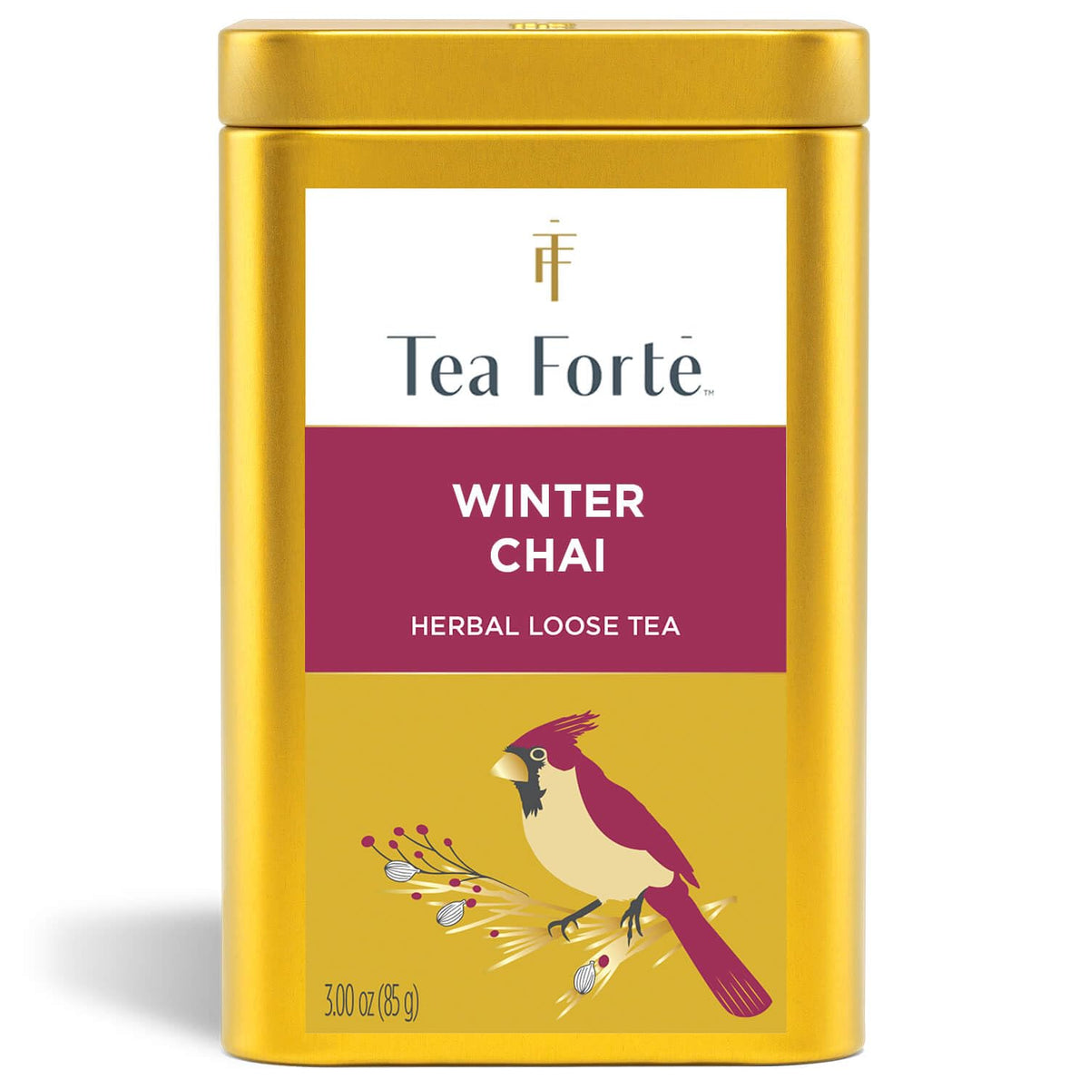 Tea Forte Winter Chai canister artwork highlights branding and freshness.