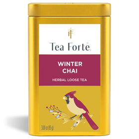 Tea Forte Winter Chai canister artwork highlights branding and freshness.