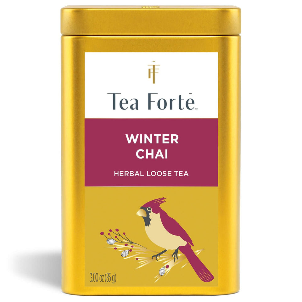 Tea Forte Winter Chai canister artwork highlights branding and freshness.