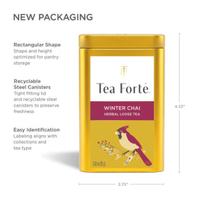 Tea Forte Winter Chai packaging design emphasizes sustainable steel canister material.