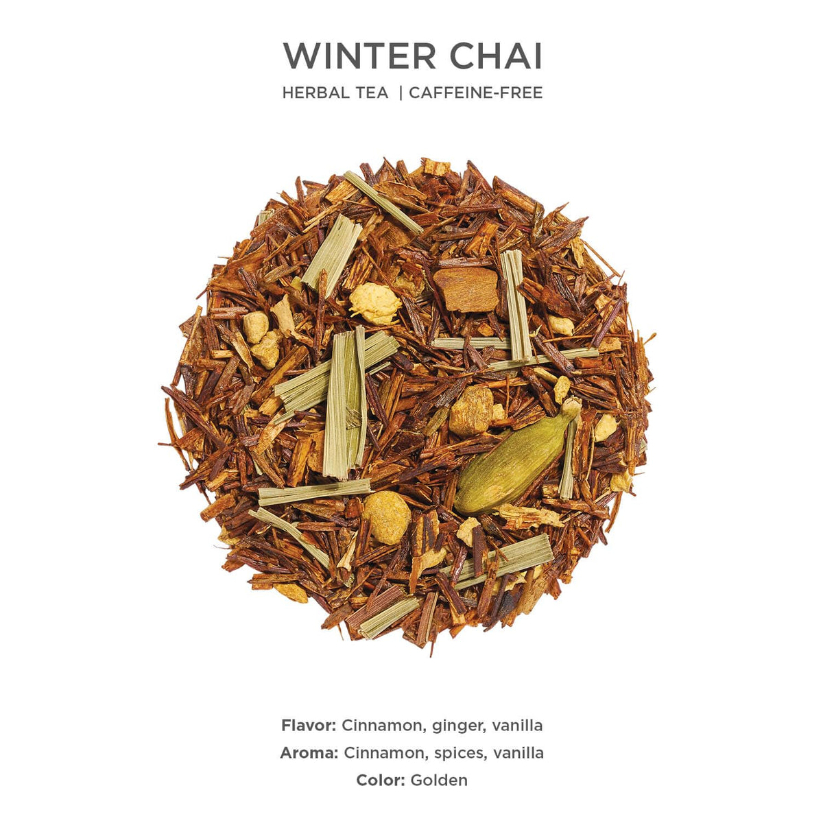Tea Forte Winter Chai spice closeup reveals cinnamon, vanilla, cardamom aroma.