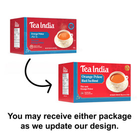 Brewed Tea India Orange Pekoe Black Tea in cup highlighting strong flavor.