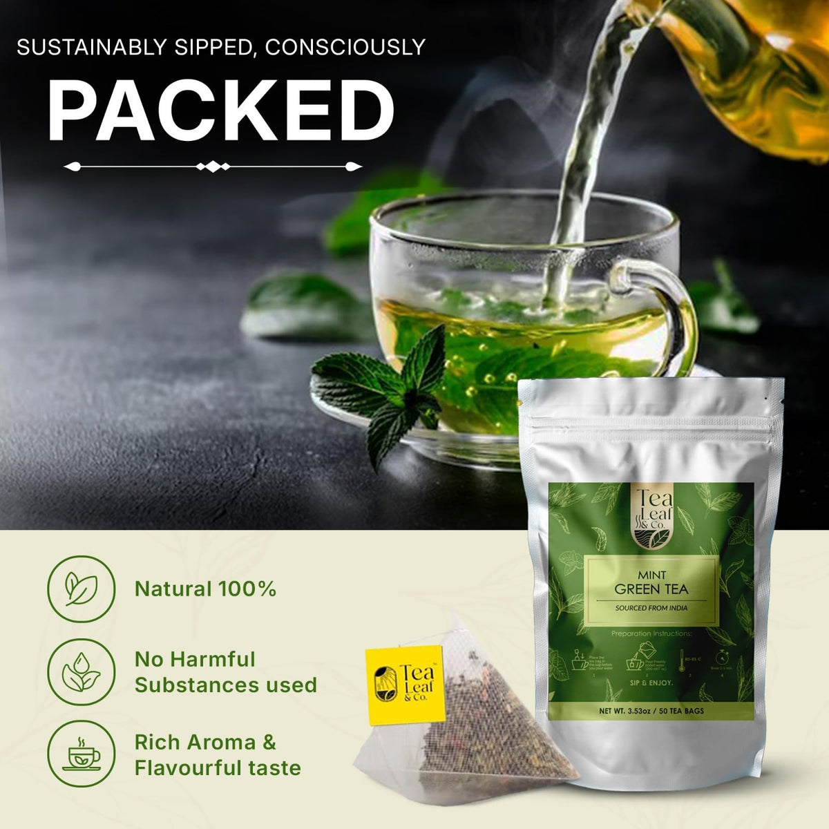 50 pyramid tea bags from Tea Leaf & Co. ready for daily use