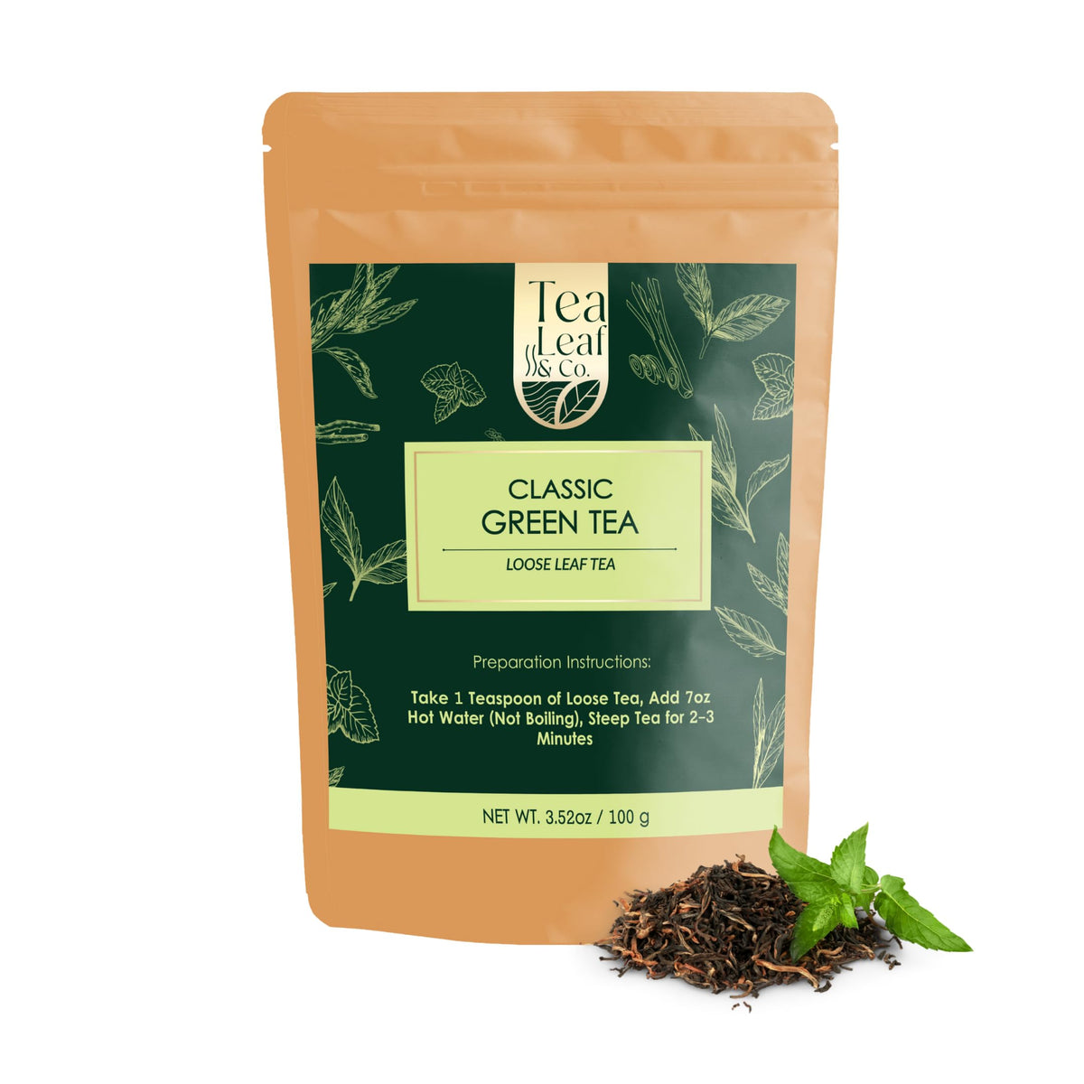 Tea Leaf & Co. Classic Green Tea loose-leaf packaging highlights organic quality for daily use.