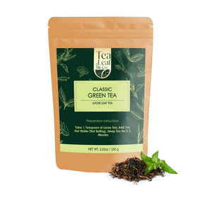 Tea Leaf & Co. Classic Green Tea loose-leaf packaging highlights organic quality for daily use.