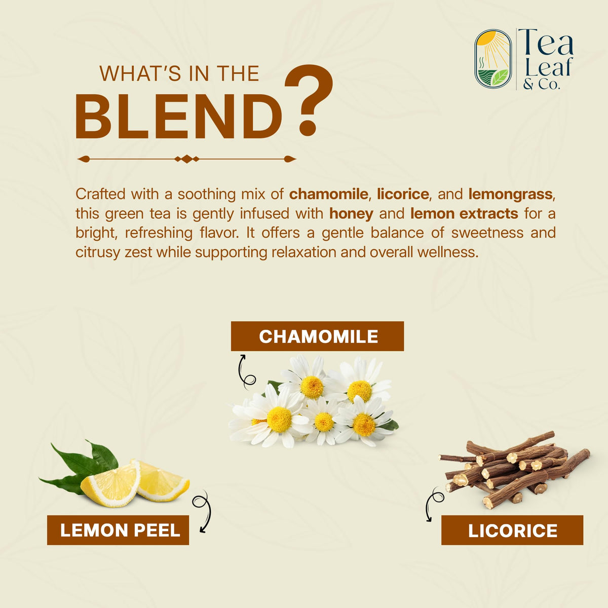 Tea Leaf & Co. green tea leaves close-up, premium quality visible.
