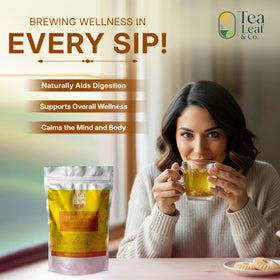 Tea Leaf & Co. honey lemon green tea in a cup, aroma of lemon and honey.