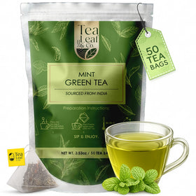 Tea Leaf & Co. mint green tea bags in pyramid form for easy steeping and freshness