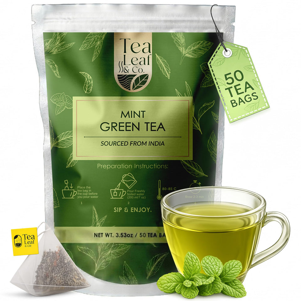 Tea Leaf & Co. mint green tea bags in pyramid form for easy steeping and freshness