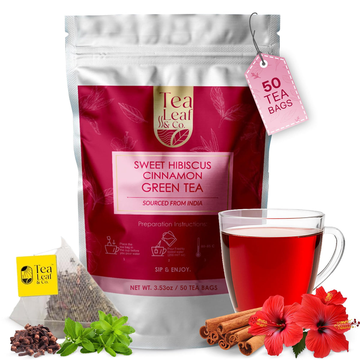Tea Leaf & Co Sweet Hibiscus Green Tea bag display showing vibrant color and fresh flavors.