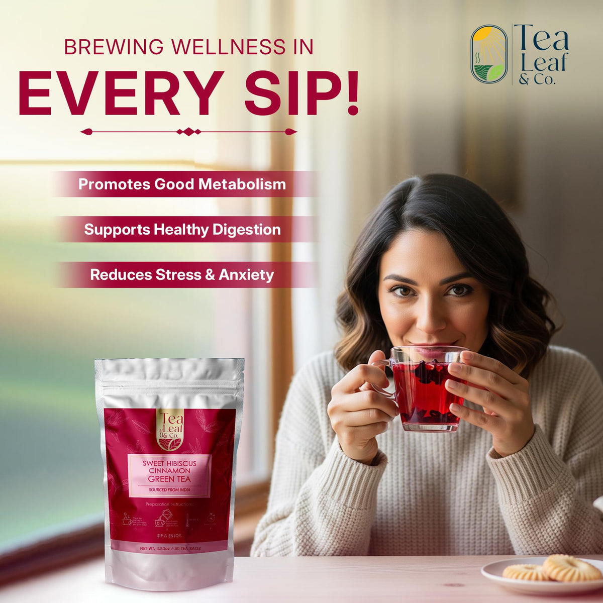 Tea Leaf & Co Sweet Hibiscus Green Tea bags steep into a calming, flavorful cup.