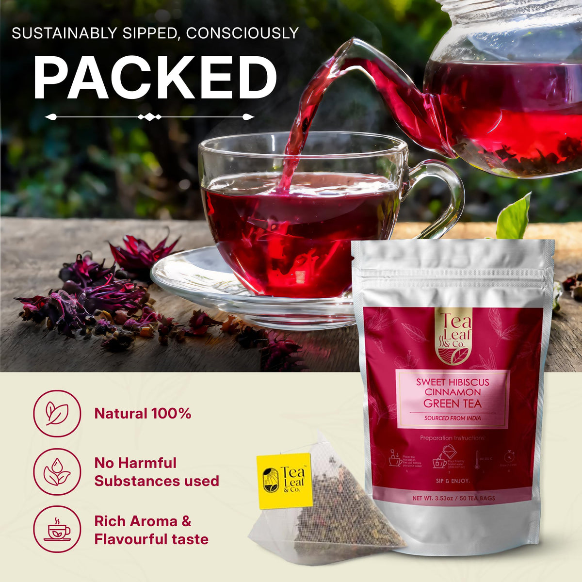 Tea Leaf & Co Sweet Hibiscus Green Tea label front signals premium ingredients.