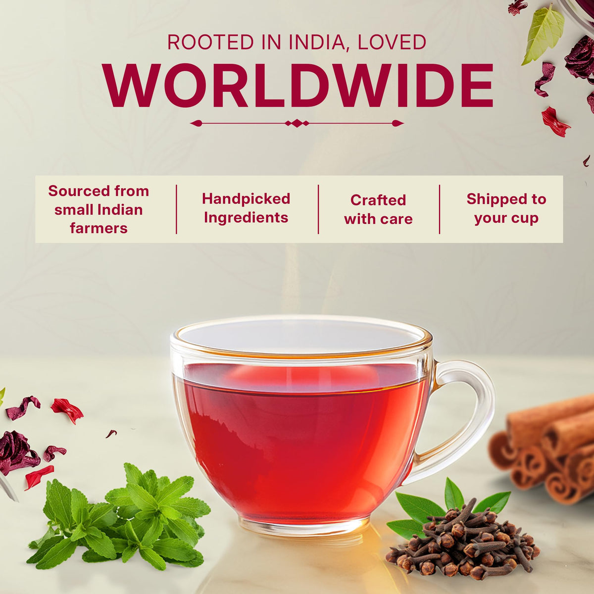 Tea Leaf & Co Sweet Hibiscus Green Tea brew in a glass reveals rich color.