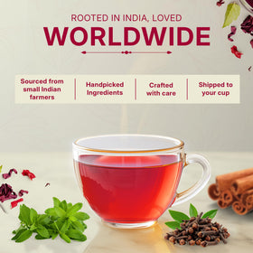Tea Leaf & Co Sweet Hibiscus Green Tea brew in a glass reveals rich color.
