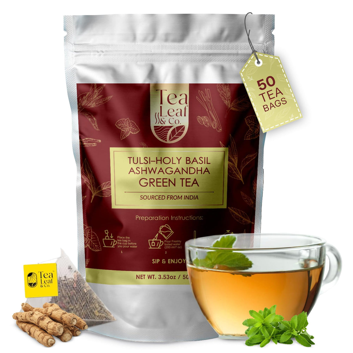 Tea Leaf & Co. Tulsi Ashwagandha Green Tea Bags packaging, eco-friendly and plastic-free.