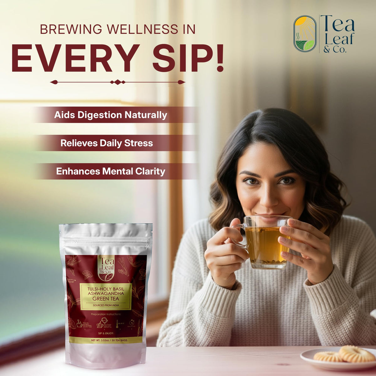 Tea Leaf & Co. Tulsi leaves blended for a calming daily ritual.