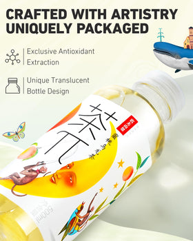 Tea PI bottle with flavor graphics enhances kitchen counter appeal.