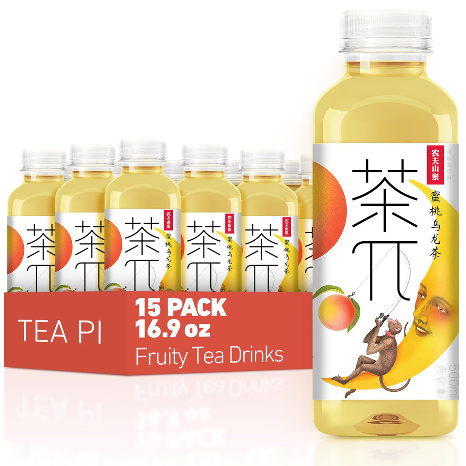 Tea PI Peach Oolong iced tea bottle highlights real fruit flavor for a refreshing sip.