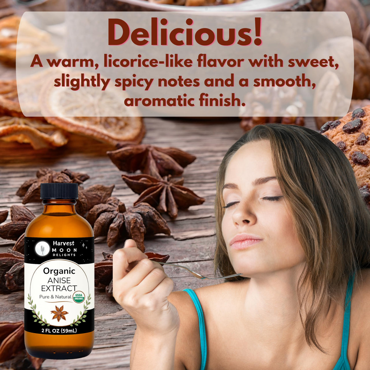 Tea with Harvest Moon Delights anise extract closeup shows warm aromatic infusion.