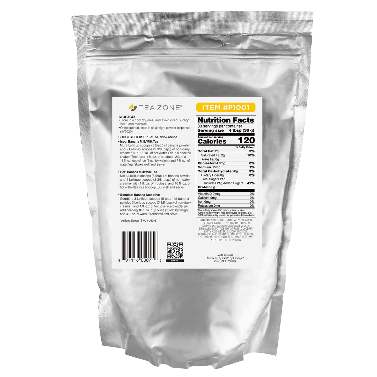 Close-up of Tea Zone banana powder ingredients list for transparency.
